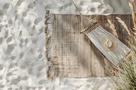 Téléchargez les photos : Une installation de plage paisible avec un hamac et un tapis sur sable blanc, avec un chapeau de soleil et ombragé par les herbes - en image libre de droit