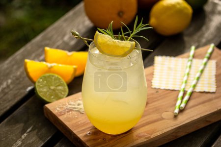 Limonada casera de limón cítrico en un vaso con decoración de frutas en una mesa de madera en la naturaleza