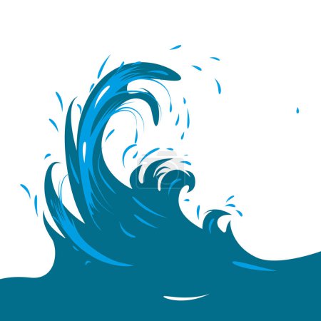 Téléchargez les illustrations : Vagues de mer vagues bleu océan avec mousse blanche dans le vecteur de style dessin animé - en licence libre de droit