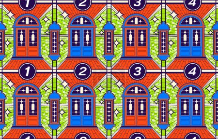 Illustration for Vibrant Tribal Textile Art,  African Inspiration Meets Modern Fashion, Cultural Fusion in Art, African Inspired Textile Creations for Contemporary, pictures of doors, rooms and windows - Royalty Free Image