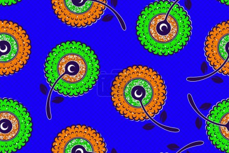 Illustration for Abstract African Flower on Blue Background, Cultural Fusion in Circle, African Tribal Art in Vivid, Cultural Fusion for Modern Fashion, Ethnic Motifs Vibrant Textile Patterns for Contemporary Art. - Royalty Free Image