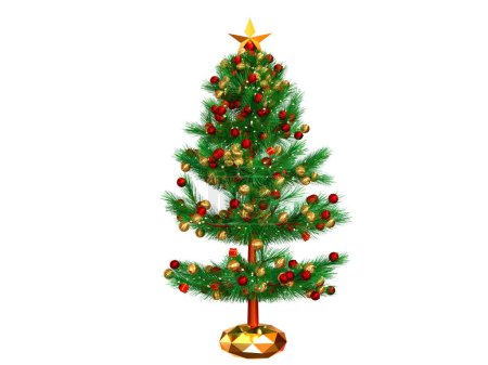 Rendre 3D arbre de Noël ou pin avec rond boules d'ornement de Noël et boîte cadeau, en boule de verre isolé sur fond blanc. Sentier de coupe. 