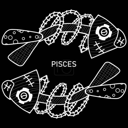 Pisces Zodiac Sign Coloring Page. Hand Drawn Coloring Book in Steampunk Style. Coloring Sheet with Black and White Zen Art Pisces Illustration.