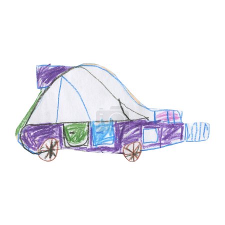 Hand Drawn Violet Car Isolated on White Background. Children Illustration.