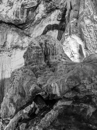 Las Gixas Cave, Villana, Pyrenees, Huesca, Aragon, Spain. Cave that can be visited in Villanua. black and white photography