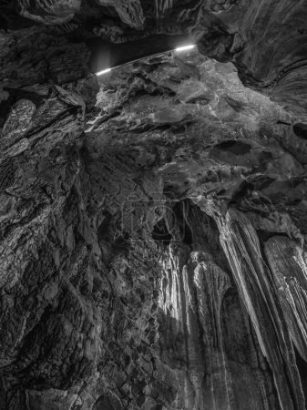 Las Gixas Cave, Villana, Pyrenees, Huesca, Aragon, Spain. Cave that can be visited in Villanua. black and white photography