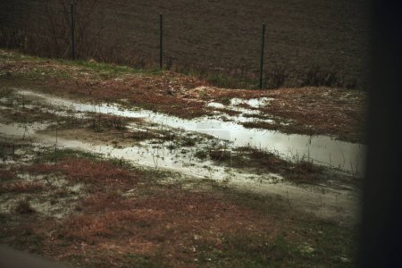 Téléchargez les photos : Champ inondé après de fortes pluies. problème de drainage des eaux de pluie - en image libre de droit