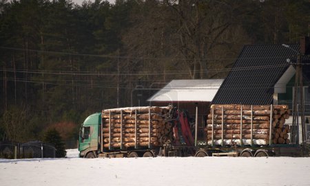 Photo for Log load in the winter. A loaded logging truck leaves the forestry site to transport wood logs to the sawmill or for export - Royalty Free Image