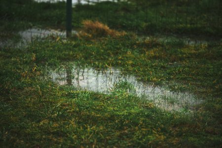 Foto de Agua en el suelo. problemas de alcantarillado y drenaje. fuertes lluvias en zonas rurales con charcos de agua en el suelo - Imagen libre de derechos