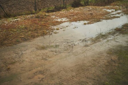 Foto de Agua en el suelo. problemas de alcantarillado y drenaje. fuertes lluvias en zonas rurales con charcos de agua en el suelo - Imagen libre de derechos