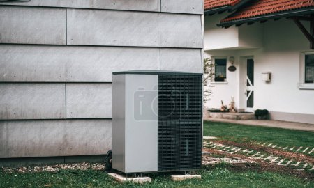 Une maison avec une maison blanche et une pompe à chaleur dans la cour. Concept d'un système de chauffage rentable