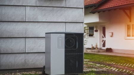 Téléchargez les photos : Une maison avec une maison blanche et une pompe à chaleur dans la cour. Concept d'un système de chauffage rentable - en image libre de droit