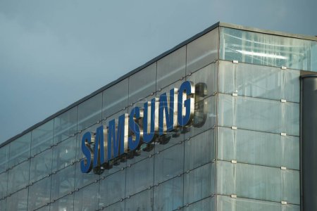 Photo for 08.04.2023 Europe - Samsung sign on the office. The Samsung Group is one of the largest electronics companies in the world. - Royalty Free Image