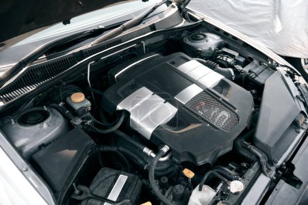 Close-Up View of modern Engine - Showcasing the Intricate Details of the Combustion System in the Front. Naturally aspirated gasoline engine.