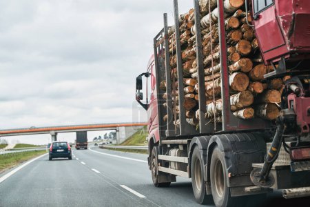 Foto de El camión está transportando troncos en un semirremolque en una carretera suburbana de asfalto en un día de verano. Concepto de importación comercial de madera en Europa. - Imagen libre de derechos