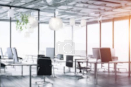 Photo for Modern Office Interior with Beautiful Lighting. Beautiful blurred abstract background of a modern office interior with beautiful lighting. Meeting background copy space template. - Royalty Free Image