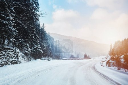 Sonnige Waldstraße inmitten von weißem Schnee. Verschneite Winterstraße durch eine märchenhafte Schneelandschaft an einem sonnigen Wintertag