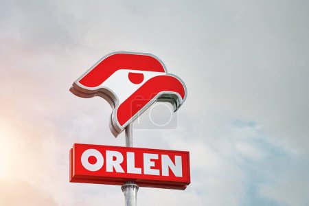 Photo for Gdansk, Poland - September 2, 2023: PKN Orlen logo with a blue sky background - Orlen is the largest petrol retailer in Poland. Orlen Gas Station Logo and Sign in Gdansk, Poland, Europe. - Royalty Free Image