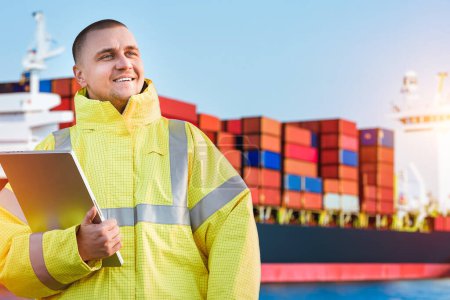 Photo for Happy engineer in a safety suit works as an offshore technician in a container terminal. Seafarer using a tablet to communicate and manage the logistics of container ship in the international harbor - Royalty Free Image