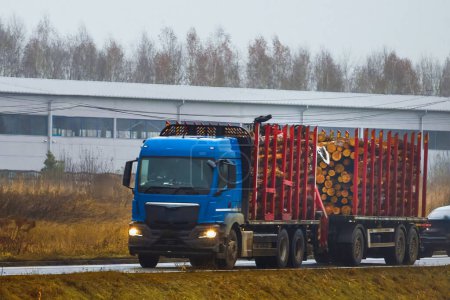 Téléchargez les photos : Un camion lourd transporte un chargement de billes de bois rond sur une autoroute. Le camion fait partie de l'industrie forestière qui transporte le bois de la forêt vers les usines de transformation. Les billes sont empilées. - en image libre de droit