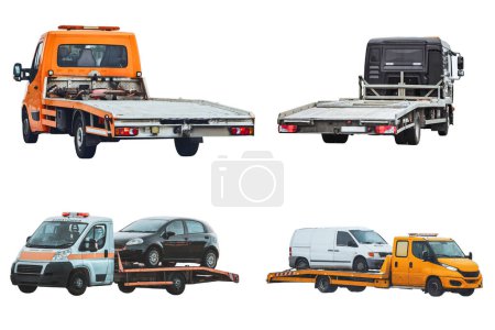 Car service transportation concept. Tow Trucks are isolated on a white background. Tow Trucks in Action. A Showcase of the Diversity and Complexity of Vehicle Recovery and Roadside Assistance Services