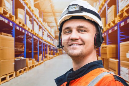 Technical Support Worker in the Large Storage Facility. The worker is wearing a white protective helmet and handsfree device, ready to help customers by phone or chat.