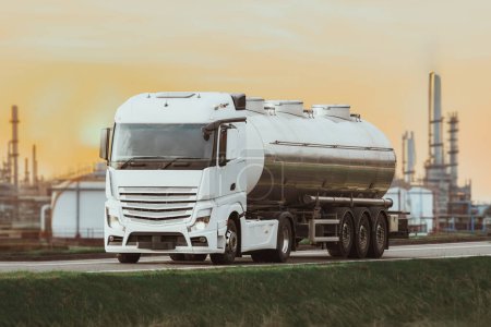 Foto de Energía líquida: camión cisterna lleva combustible para la cadena de suministro industrial - Imagen libre de derechos