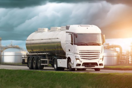 Truck with fuel at the plant. Chemical Industry, Storage Tank And Tanker Truck In Industrial Plant