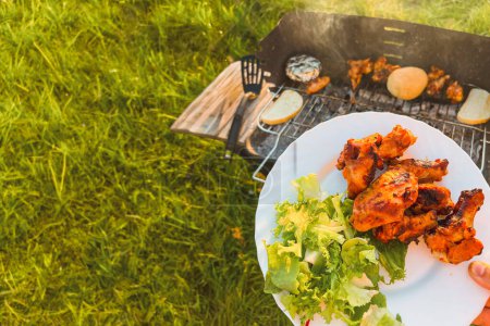 Großaufnahme eines Tellers mit gegrillten Chicken Wings und frischem Salat beim Grillen im Freien. Sommer-Grillparty: Gegrilltes Hühnchen und Salat auf dem Teller