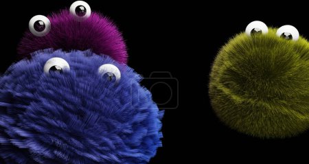 Foto de 3d rendering of fuzzy dudes with big eyes looking at viewer. - Imagen libre de derechos