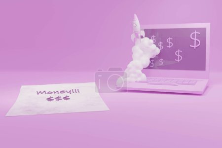 Photo for 3d render of laptop with rocket ship taling off and money printed on paper - Royalty Free Image