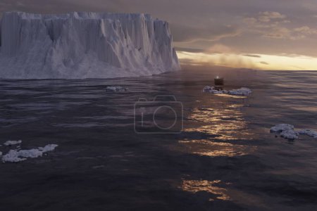 3d renderizado de espeluznante figura acercándose en un barco fila a través de aguas heladas al atardecer