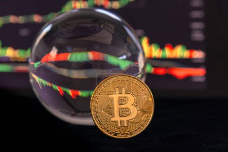 Photo for Gleaming bitcoin and crystal ball with chart in background - Royalty Free Image