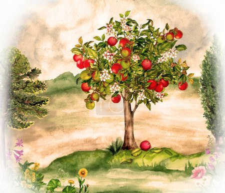 Watercolor landscape with apple tree and flowers.Nature illustration