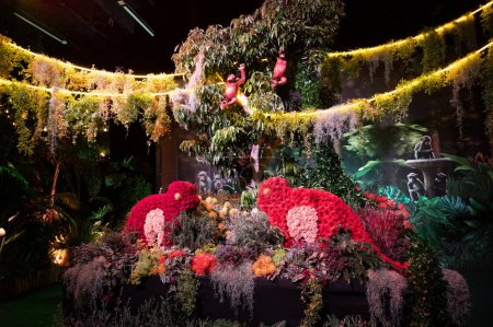 compositions and figures made of flowers at an exhibition in the pavilion in Tel Aviv in Israel. High quality photo