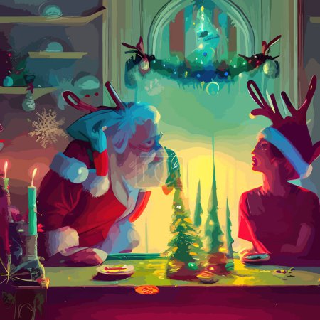 Téléchargez les illustrations : Père Noël. Intérieur festif dans une maison en bois, ambiance joyeuse du Nouvel An Esprit de Noël. 2023 - en licence libre de droit