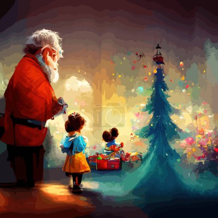 Illustration for Santa Claus. Festive interior in a wooden house, New Year's cheerful mood Spirit of Christmas. 2023 - Royalty Free Image