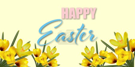 Illustration for Happy Easter card. Festive background with happy easter floral bright, bouquet of spring crocuses - Royalty Free Image