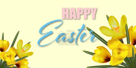 Illustration for Happy Easter card. Festive background with happy easter floral bright, bouquet of spring crocuses - Royalty Free Image