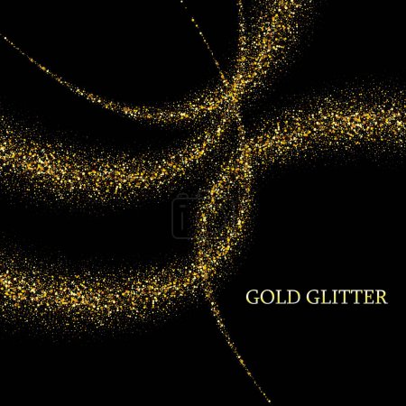 Gold dust in the form of a wavy stripe on a black background, an element of the festive design of the template for brochures, posters . Vector illustration