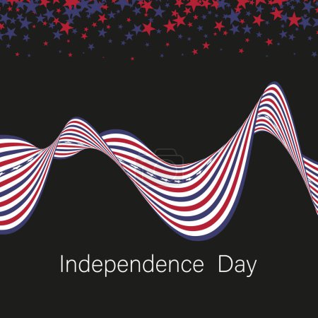 USA. Striped lines of ribbon in blue and red with confetti stars, symbols of America on a dark background. Independence Day