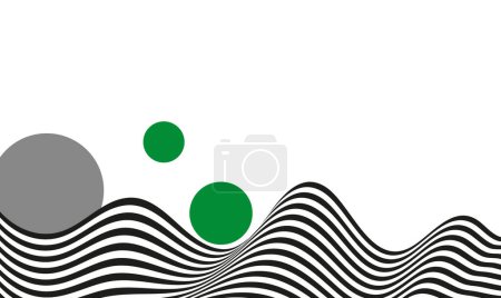 Fond abstrait ruban ondulé noir et blanc rayé, cercles verts sur fond blanc. Optique 3d op art.