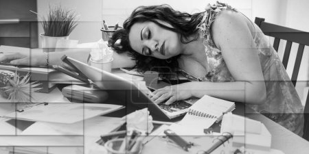 Photo for Overworked young businesswoman sitting at a messy desk, geometric pattern - Royalty Free Image
