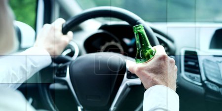 Téléchargez les photos : Homme buvant de l'alcool au volant, motif géométrique - en image libre de droit