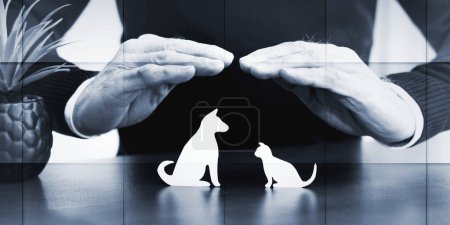 Téléchargez les photos : Insurer protecting pets with his hands, geometric pattern - en image libre de droit