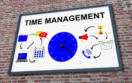 Téléchargez les photos : Concept de gestion du temps dessiné sur un panneau d'affichage fixé sur un mur de briques - en image libre de droit
