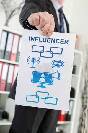 Paper showing influencer concept held by a businessman