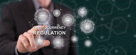 Téléchargez les photos : Homme touchant un concept de régulation crypto-monnaie sur un écran tactile avec son doigt - en image libre de droit
