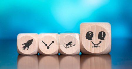 Wooden blocks with symbol of rebound concept on blue background