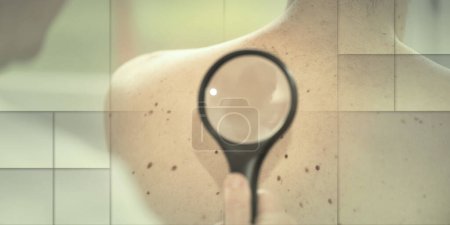 Téléchargez les photos : Dermatologue examinant la peau du dos du patient, motif géométrique - en image libre de droit